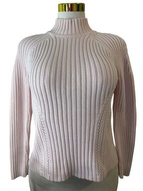 Tribal Women's Large Pink Cotton Mock Neck Ribbed Pointelle Knit Sweater